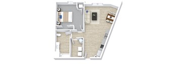 A top down view of a living room, kitchen, and dining area.