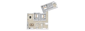 A 3D floor plan of a house with a kitchen, living room, and two bedrooms.