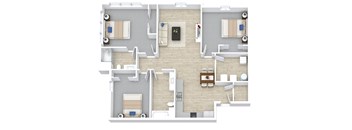 A top down view of a house layout with a kitchen, living room, and bedrooms.