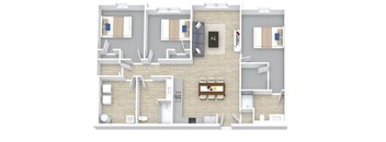 A top down view of a house with a kitchen, living room, and two bedrooms.