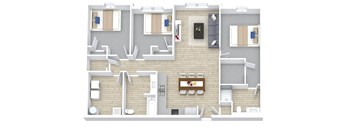 A top down view of a house with a kitchen, living room, and two bedrooms.