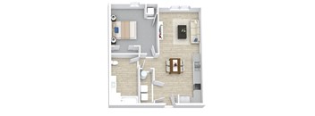 A top down view of a living room with a couch, chair, and coffee table.