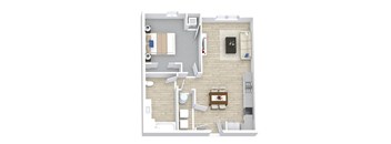 A top down view of a living room with a couch, a coffee table, and a television.