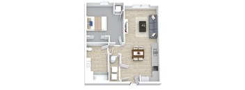 A top down view of a small apartment with a kitchen, living room, and bathroom.