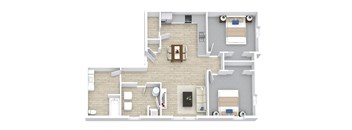 A 3D rendered image of a house layout.