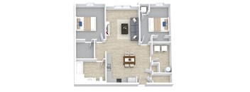 A top down view of a living room with a couch, chairs, and a coffee table.
