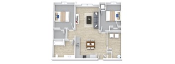 A top down view of a house interior with a kitchen, dining area, and living room.