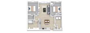 A top down view of a living room, kitchen, and dining area.