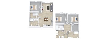 Two images of a house layout with a kitchen, living room, and bedrooms.