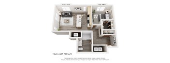A 3D floor plan of a 1 bedroom apartment with a living room, kitchen, and bathroom.