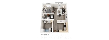 A 1 bedroom 625 square foot apartment is shown in the image.