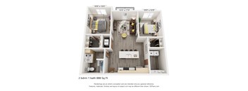 A 3D floor plan of a 2 bedroom, 1 bathroom apartment.