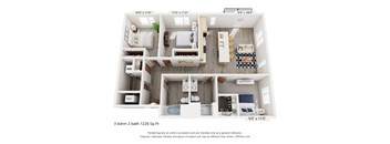 A 3D rendering of a 3 bedroom, 2 bathroom apartment sized at 1226 square feet.