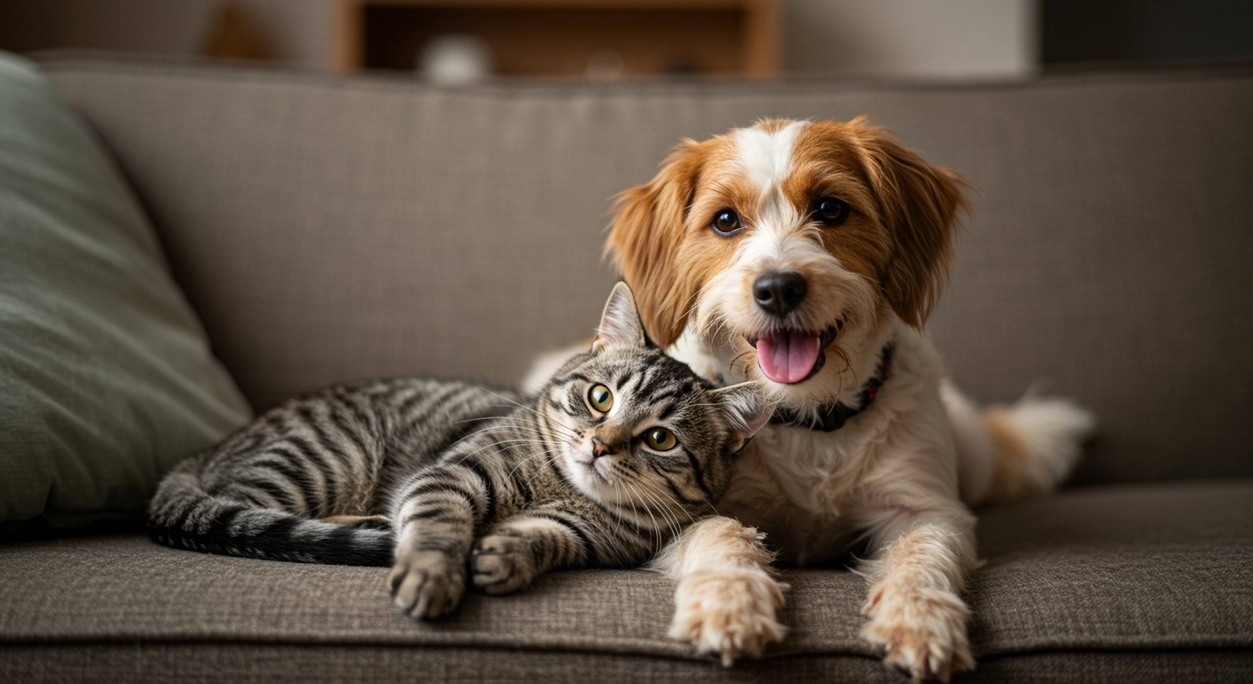A cat and a dog are sitting on a couch.