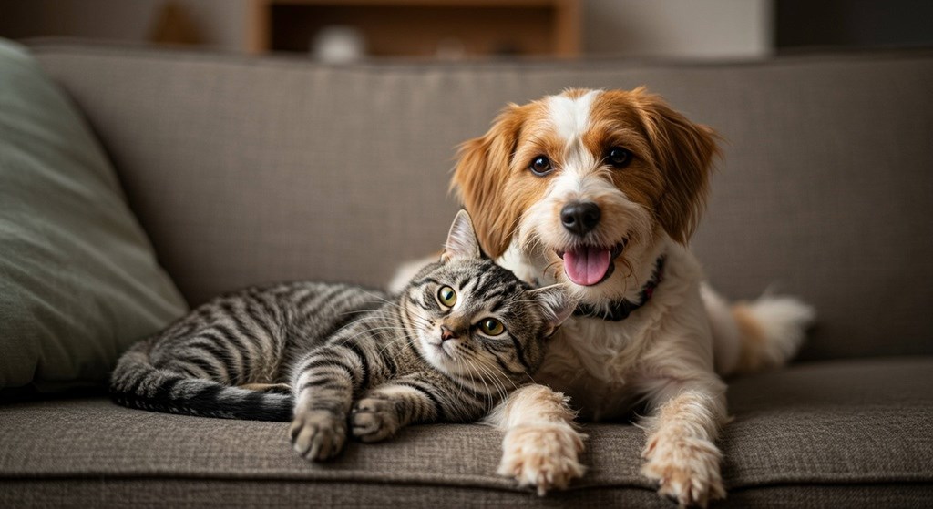 A cat and a dog are sitting on a couch.