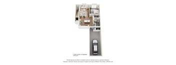 A 3D floor plan of a home with a garage.