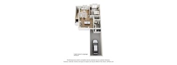 A 3D floor plan of a one-bedroom lower-level apartment with a garage.