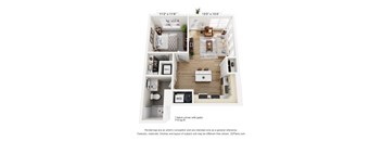 A 3D floor plan of a small apartment with a kitchen, living room, and bathroom.