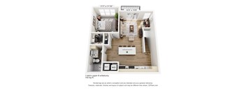 A 3D floor plan of a one bedroom apartment with a balcony.