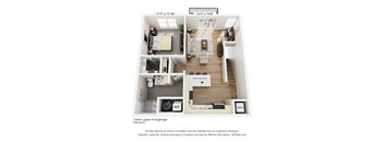 A 3D floor plan of a 1333 square foot studio apartment with a living room, kitchen, and bedroom.
