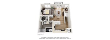 A 3D floor plan of a 1 bedroom apartment.