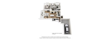 A 3D floor plan of a house with a garage and a car parked in it.