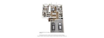 A 2 bedroom apartment with a garage is shown in this image.