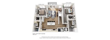 A 3D floor plan of a two bedroom, two bathroom apartment.