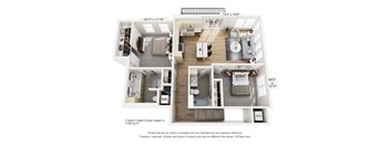 A 3D floor plan of a two bedroom, two bathroom apartment.