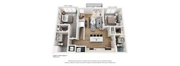 A 3D floor plan of a two bedroom apartment.