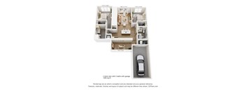 A 3D floor plan of a 1095 square foot home with two bathrooms and a garage.
