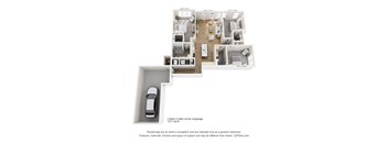 A 3D floor plan of a house with a garage and a car parked in it.