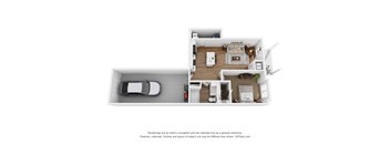 A 3D floor plan of a small apartment with a car parked in the garage.