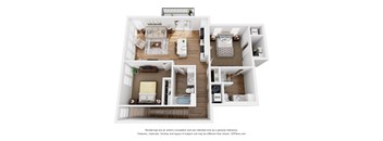 A 3D floor plan of a house with labeled rooms.