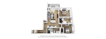 A 3D floor plan of a house with a kitchen, living room, and bathroom.