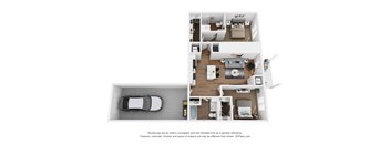 A 3D floor plan of a house with a car parked in the garage.