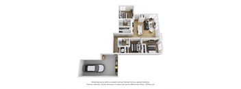 A 3D floor plan of a house with a garage and a car.