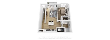 A 3D floor plan of a small apartment with a kitchen, living room, and bathroom.