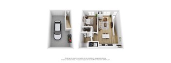 A top down view of a car in a garage and a top down view of a living room and kitchen.