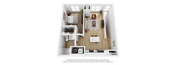 A 3D floor plan of a small apartment with a kitchen, living room, and bedroom.
