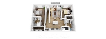 A 3D floor plan of a house with a kitchen, living room, and bathroom.