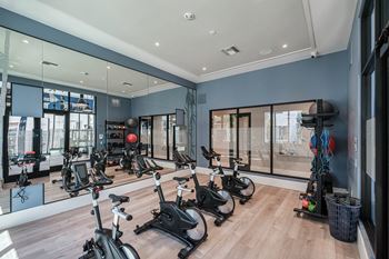 A gym with a row of stationary bikes and a mirror on the wall at Altis Santa Barbara, Florida