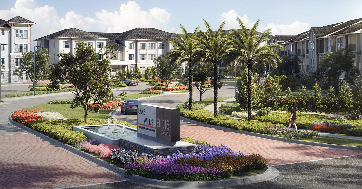 a rendering of the front of a building with a fountain in the middle of a flower garden at Altis Grand Lake Willis, Florida, 32821