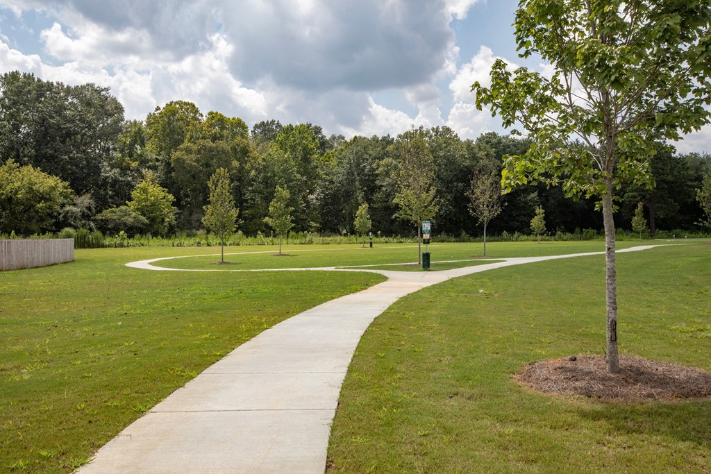 a path through a park with trees in the background