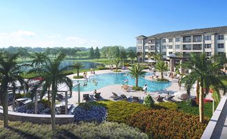 an aerial view of a resort pool with palm trees and a golf course in the background at Altis Grand Lake Willis, Florida