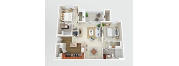 a 3d floor plan of a house with furniture and a living room