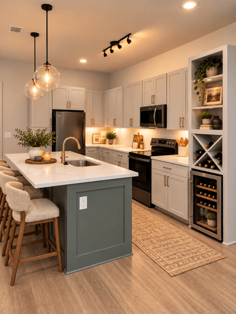 A kitchen with a white countertop and a green cabinet.