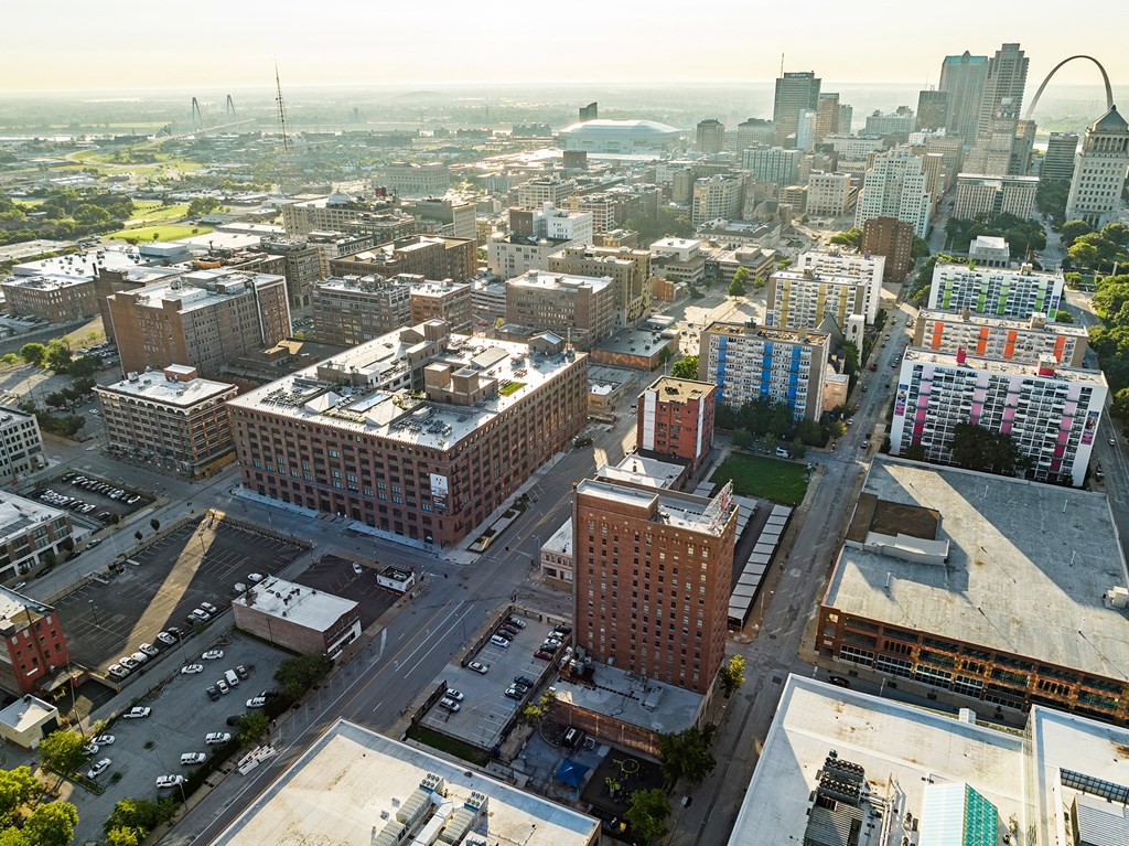a view of downtown st. louis from the top of the gateway arch