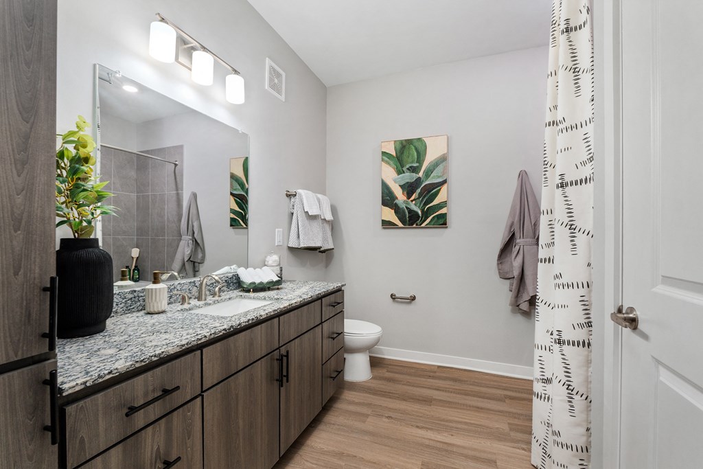A bathroom with a wooden vanity and a toilet.