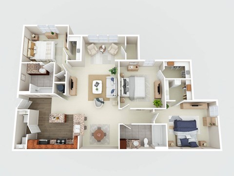 a 3d floor plan of a house with bedrooms and a living room